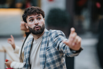 Fototapeta premium A stylish man with a beard gestures while talking in a city setting; a second figure appears in the background.