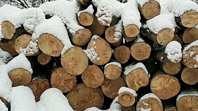 stack of logs covered with snow