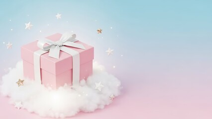 A serene pink gift box with a white ribbon bow, resting on a fluffy cloud surrounded by twinkling stars on a pastel gradient
