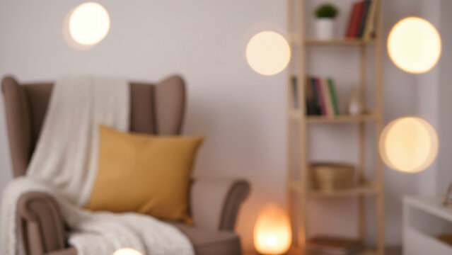 A blurred indoor scene features a cozy reading or relaxation nook illuminated by warm, glowing lights.