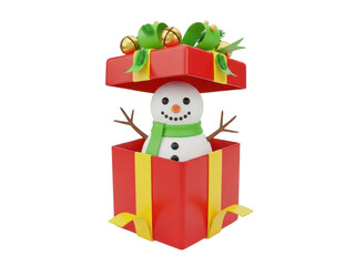 A cheerful snowman popping out of a bright red gift box on transparent background with green scarf and hat decoration