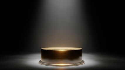 An elegant golden cylindrical pedestal brightly illuminated by a dramatic spotlight against a dark background, perfect for product showcase