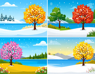Poster set of four seasons. Winter fall summer spring. Nature scenery landscape. Tree