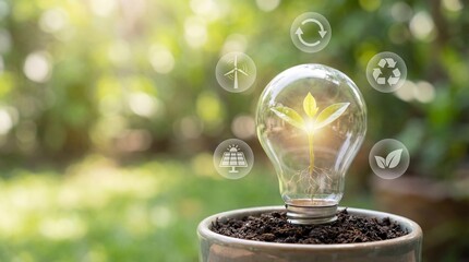 Sustainable innovation concept with green energy symbols and growing light bulb on natural background for environmental campaign poster and eco event design