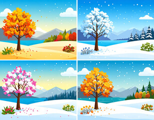 Poster set of four seasons. Winter fall summer spring. Nature scenery landscape. Tree