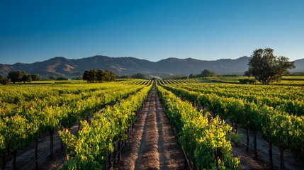 Naklejka premium Expansive Vineyard Rows Under a Clear Blue Sky with Distant Mountains.