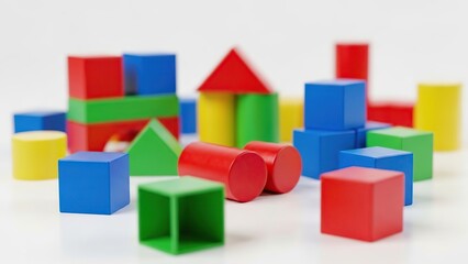 Vibrant colorful wooden building blocks scattered on a white background representing childhood play and creative construction
