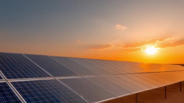Solar Energy: Harnessing the power of the sun, rows of solar panels stretch towards the horizon, framed by a vibrant sunset, symbolizing clean energy