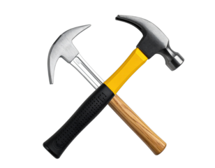 Two hammers, one gray metal, the other yellow and black, crossed against a transparent background