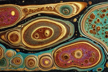 Swirling patterns and shapes in various colors create an abstract scene on a dark background