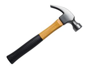 A close-up shot of a claw hammer, featuring its wooden handle and metal head against black