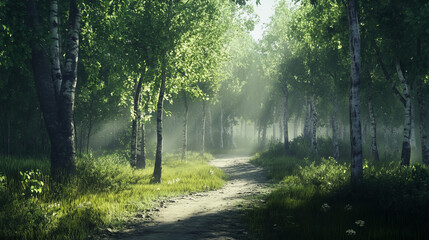 Fototapeta premium Misty Forest Trail with Soft Morning Light