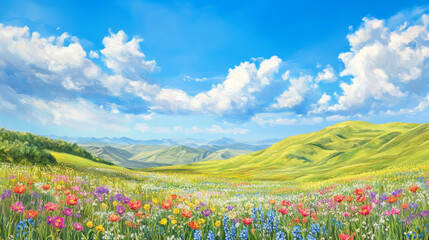 Spring Wildflower Meadow Rolling Hills Landscape