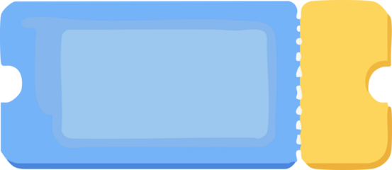 A blank blue ticket illustration with a large empty panel, perforated edges, and a yellow detachable stub, rendered in a clean flat style.