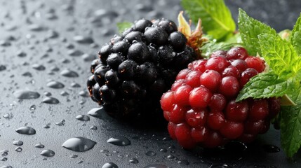 Fresh blackberries and raspberries glisten with water droplets on a dark surface while surrounded by mint leaves