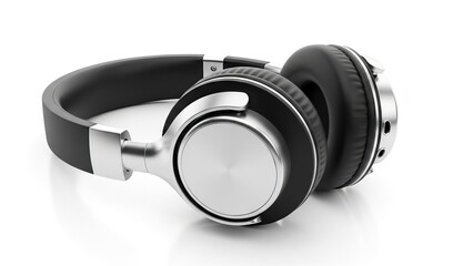 Modern black and silver over-ear headphones for high quality personal audio entertainment isolated on white background