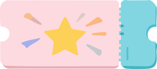 A pastel-colored flat illustration of a ticket featuring a large yellow star at the center, playful decorative shapes around it, and a detachable blue stub