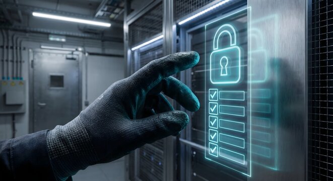 Cybersecurity threat concept: gloved hand hacking server with digital lock interface. - Powered by Adobe