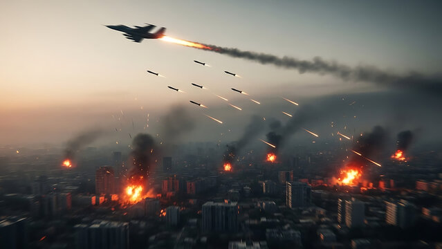 Military aerial bombardment of a city during conflict with explosions and smoke rising
