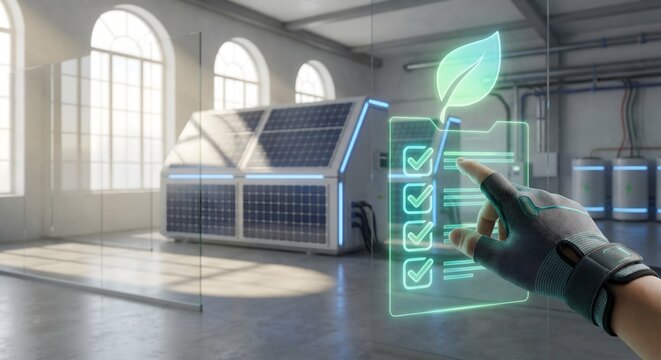 Sustainable energy solutions concept with solar panels and digital interface, clean technology future. - Powered by Adobe