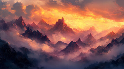 Dramatic Mountain Peaks with Glowing Sunset Sky