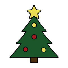 Traditional green Christmas tree illustration with red and yellow ornaments and a bright golden star topper, isolated on white background.