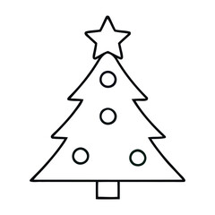 Fototapeta premium Minimalist black and white line art of a decorated Christmas tree topped with a star, perfect for simple holiday branding or coloring.