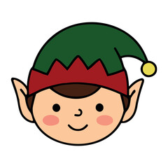 Cute cartoon Christmas elf face with rosy cheeks and a green pointed hat, colorful vector character illustration isolated on white.