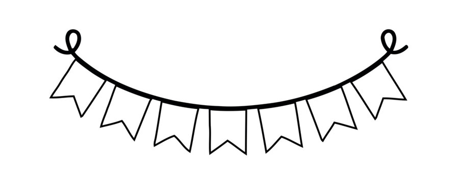 A simple black and white illustration of a string of bunting flags, ideal for decorative and festive themes.