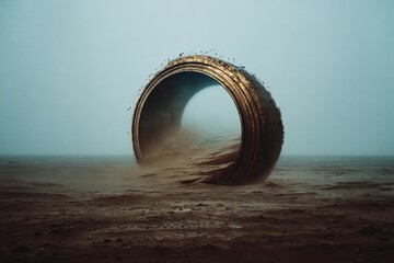 A large circular object stands on a dry landscape surrounded by dust and fog. The scene shows a unique design