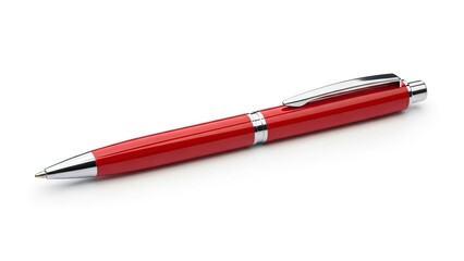Stylish red ballpoint pen with shiny silver details essential office supply isolated on white background