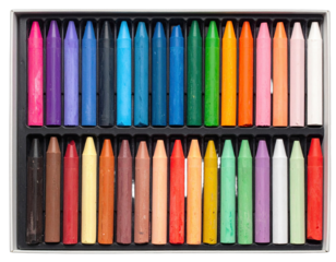 A close-up, top-down view of a rectangular crayon box filled with various colored crayons