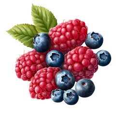 Raspberries and Blueberries with Green Leaves isolated on transparent background 