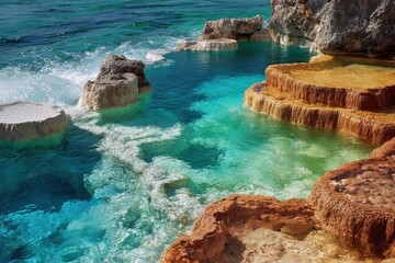 Water cascades over natural rock formations beside the ocean, presenting a mix of colors and textures in the landscape