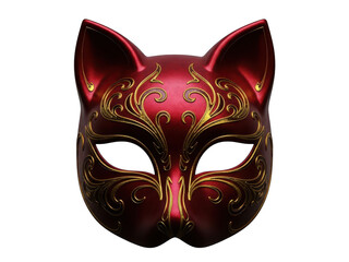 Red and gold masquerade cat mask with ornate design isolated on transparent background for party or carnival