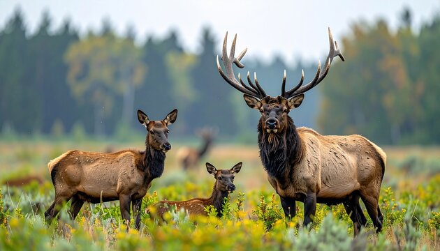 Group of elk, one with large antlers, grazing in a grassy field with trees in background