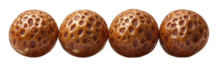 Row of light brown decorative round objects with texture on transparent background