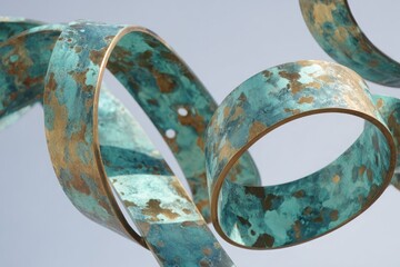 Metal strips in various shapes twist in the air, showcasing a blend of colors against a blue sky