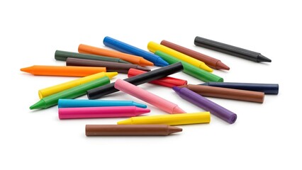A scattered pile of vibrant colorful crayons ready for artistic creativity isolated on white background