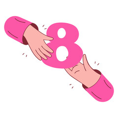 flat vector illustration showing two hands passing a bright pink number eight. hands are coming from opposite sides and wearing pink sleeves. number 8 symbolizes March 8 and International Womens Day
