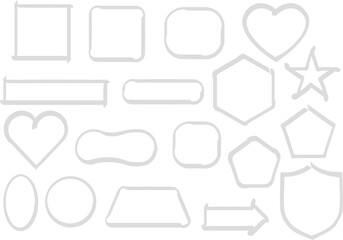 Light gray outline shapes and minimal decorative icons set. Clean thin geometric borders with hearts, stars, arrows and badges. Neutral elements for UI, templates and modern graphic design projects.