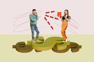 3d trendy image photo collage of happy businessman businesswoman receive dollar income success...