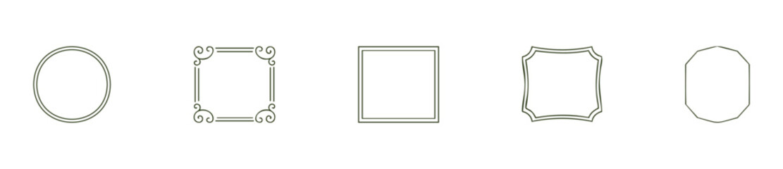 Collection of elegant and simple geometric outline frames including circular, square, and octagonal shapes perfect for certificates, invitations, branding, and text box embellishments.