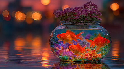Goldfish swim in a glass bowl with vibrant flowers, city lights in the background.