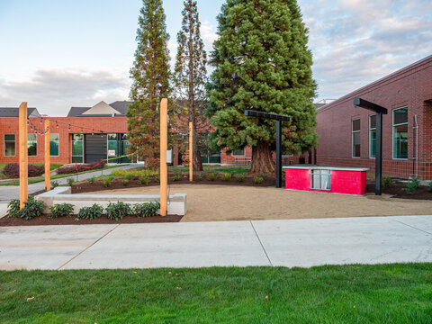 View of red benches pop against the muted tones of brick buildings and towering trees under a soft, cloudy sky in Apollo Park, Oregon, United States.