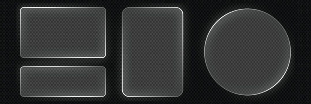 Liquid glass smartphone icon interface isolated for dark theme. White ui light frame square and circle banner with glow stroke. Control center widget for smartphone and web app, vector