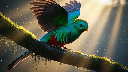 Resplendent quetzal perched on a mossy branch wings partially extended
