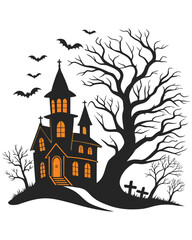 A spooky silhouette illustration features a haunted house on a hill, a gnarled bare tree, flying bats, and a glowing full moon