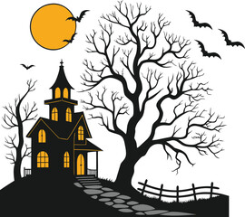 A spooky silhouette illustration features a haunted house on a hill, a gnarled bare tree, flying bats, and a glowing full moon