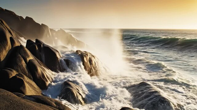 Ocean waves crashing on rocky shore